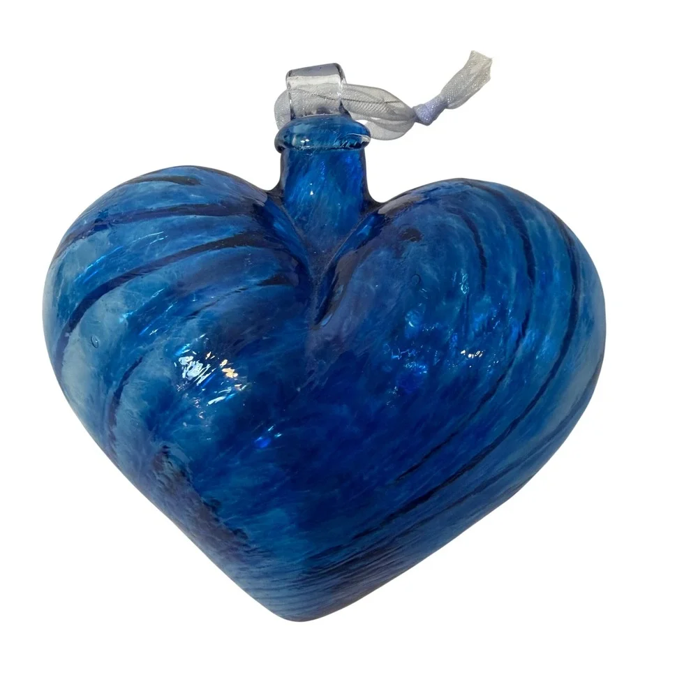 Hand Blown Cobalt Blue Art Glass Heart Ornament Marbled Swirl 4 Inch